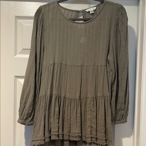 Boho Babydoll Tiered Pleated Olive Scoop Neck Backless Long Sleeve Sexy Top Med